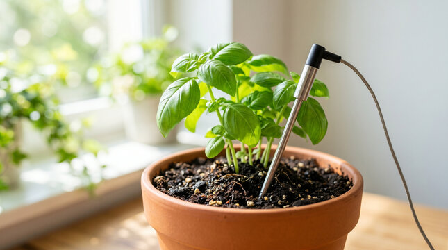 Temperature sensor probe in soil of potted basil plant  