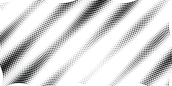 Halftone wave pattern background, abstract black and white vector texture, retro pop art dot gradient backdrop for modern graphic design