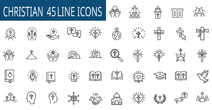 Christian Religious Line Icons Set Featuring Jesus Cross, Holy Bible, Prayer Hands, Pastor, Altar, Dove & More Vector Illustration with Editable Stroke.