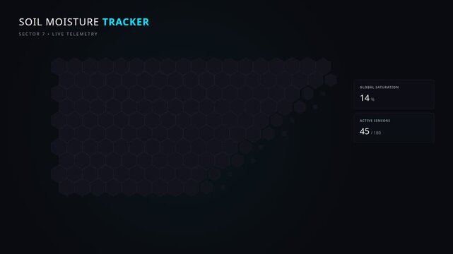 Soil moisture tracker interface with live telemetry data with glowing hexagonal grid, for smart agricultural monitoring, advanced data analytics, environmental sensing, digital precision