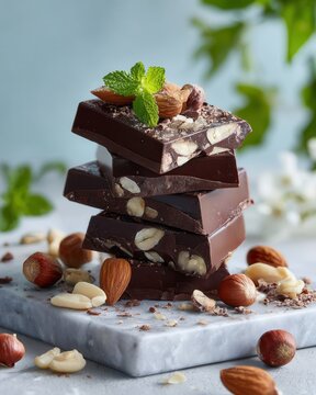 Stacked dark chocolate squares with whole and chopped hazelnuts on ceramic plate, topped with mint sprig and sea salt flakes in soft natural light, with chocolate, hazelnut, mint, dessert detail