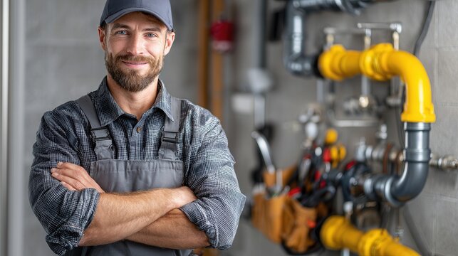 Confident plumber standing with crossed arms, holding wrench and pliers in mechanical room with copper pipes, brass valves, gauges, and industrial service equipment