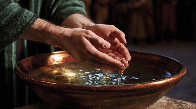 Adult hands washing in brass bowl with reflective water mirroring faint human figure, moody directional light, deep shadows, warm metal tones, intimate contemplative religious symbolism