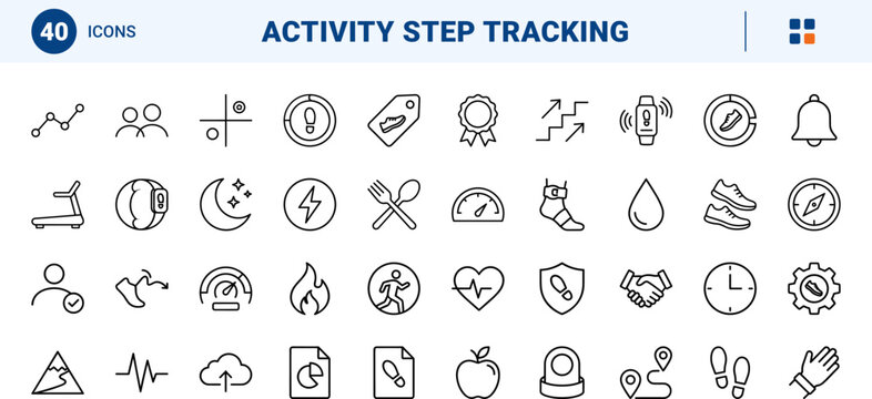 Fitness Band Steps line icon set. Vector pictograms of activity tracking, step counting, health metrics, and workout progress elements, thin linear illustration.