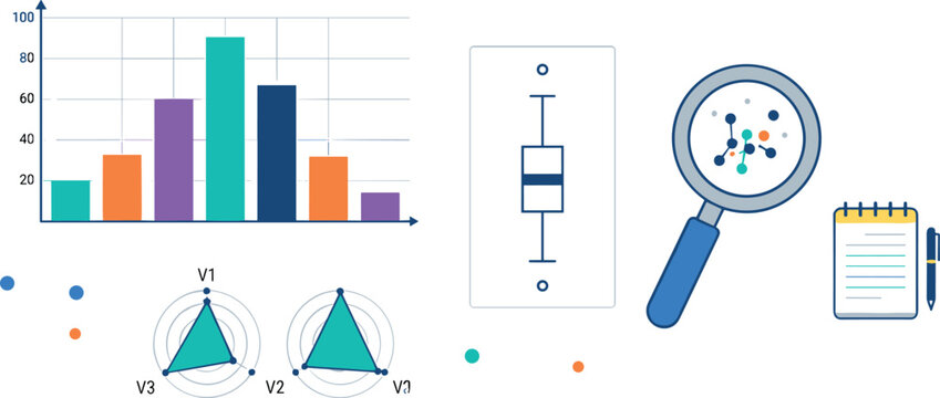 Statistical Data Analysis Icon Set Featuring Bar Chart Box Plot Radar Diagrams Magnifying Glass and Notepad for Business Intelligence Infographics