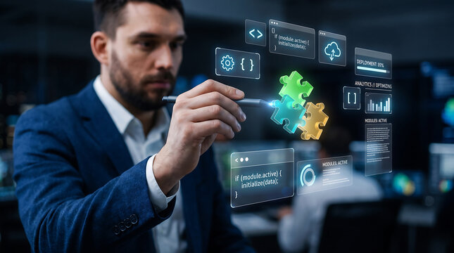 Professional developer using a digital pen to interact with a futuristic holographic software code interface