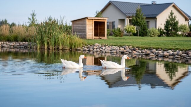 Two white geese swim peacefully in a tranquil pond, reflecting a serene rural lifestyle. A modern house sits in the lush background, promoting sustainable living.