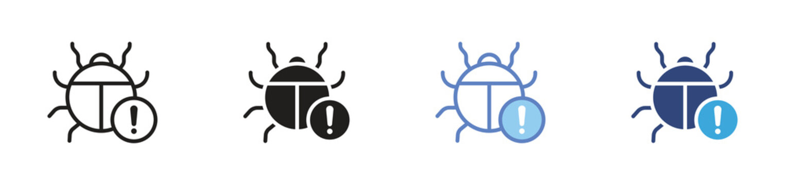 Software Bug Alert Icon Set, Code Error Symbols, Malware Warning, System Issue, Cybersecurity Vector Icons