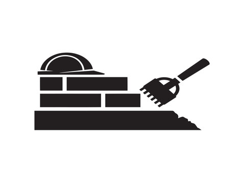 Bricklayer building a wall icon. Masonry construction work with trowel and hard hat symbol.