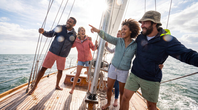 Diverse group of happy friends spending time on sailboat deck during sunny ocean voyage