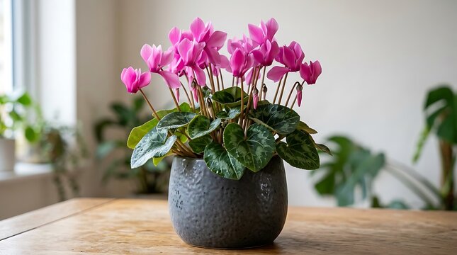 Beautiful pink cyclamen flower plant in a dark grey stone pot sitting on a wooden table in a bright cozy home room