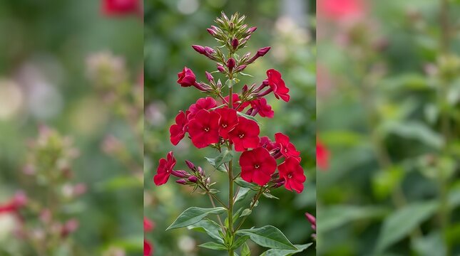 Beautiful bright red phlox flowers blooming in a sunny summer garden with green leaves and soft blurry natural background