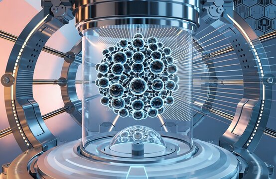 Advanced scientific visualization of molecular structure inside futuristic containment chamber