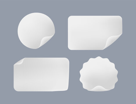 Corners curl and fold on these blank white paper stickers, rendered as a realistic vector mockup in circle, rectangle