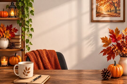 Fall home office background for online meetings with autumn decor