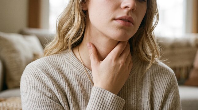 Young woman touching her sore throat experiencing pain or cold symptoms at home