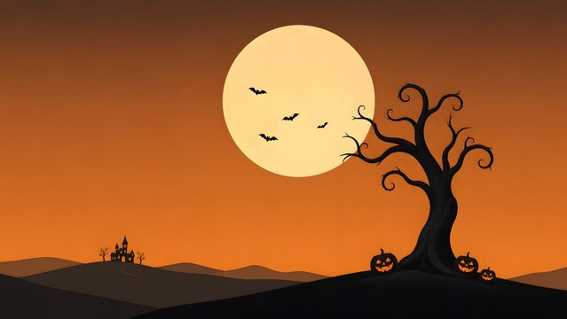 A spooky halloween night scene featuring a large moon silhouetted tree and distant figures creates a hauntingly beautiful and mysterious atmosphere
