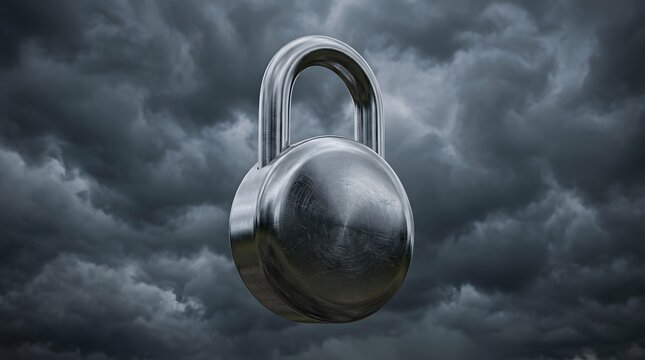 Heavy metallic padlock floating against a dark stormy sky illustrating concepts of cloud data security and business vulnerability during unpredictable cyber threats