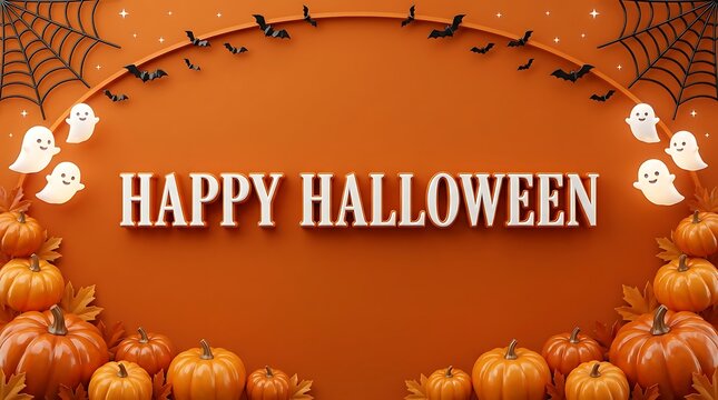 Happy Halloween Greeting Card with Pumpkins Ghosts and Bats Design