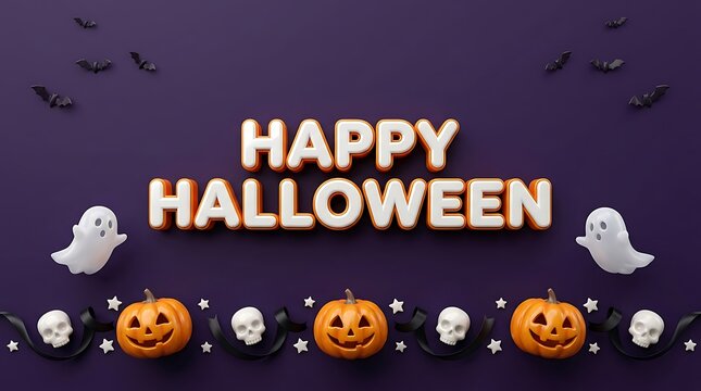 Happy Halloween celebration graphic with pumpkins ghosts and bats design