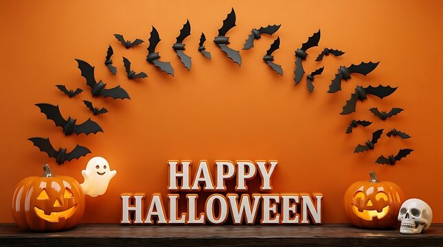 Halloween Decoration Featuring Carved Pumpkins Ghost Bat Skull Orange Background