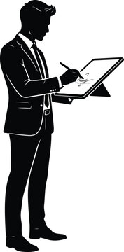 Businessman signing digital document on tablet with stylus pen vector illustration
