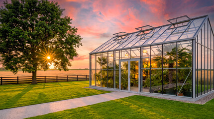 Naklejka premium Modern glass greenhouse filled with tropical plants glowing at a vibrant sunset, set on a lush green lawn