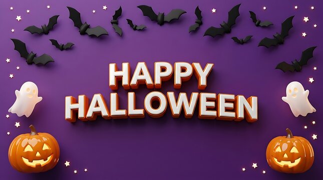 Happy Halloween celebration graphic with pumpkins ghosts and bats design