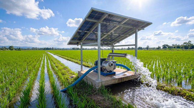 Solar pump irrigating lush rice field under blue sky, showcasing sustainable and modern agriculture technology