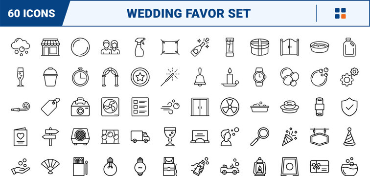 Wedding bubble send off line icon set. Vector pictograms of celebration, favor, party, and supplies elements, thin linear illustration.