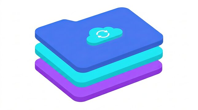 Isometric Cloud Folder Stack, Digital Storage Icon, Sync Symbol, Blue Purple Technology Concept, Web Design Element