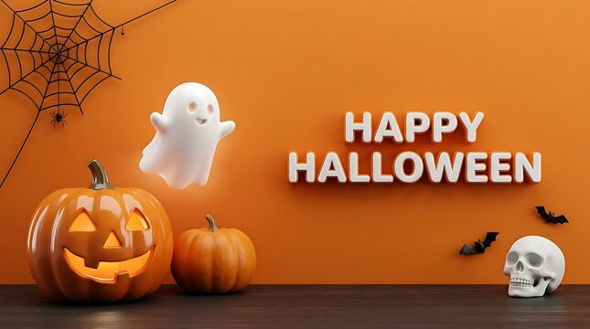 Halloween decoration featuring pumpkins ghost and skull on orange background