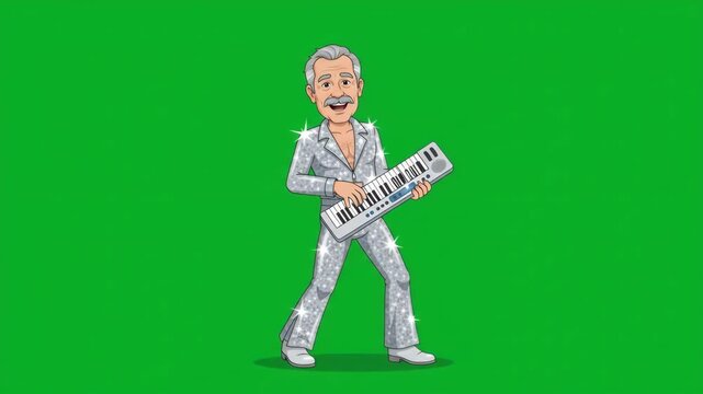 Cartoon character of a man in a shiny suit playing a keyboard on a green screen background.