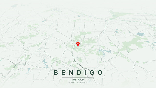 Modern minimalist vector map of Bendigo, Victoria, Australia. High-quality scalable illustration of Bendigo geographic boundaries along Bendigo Creek valley for posters design.