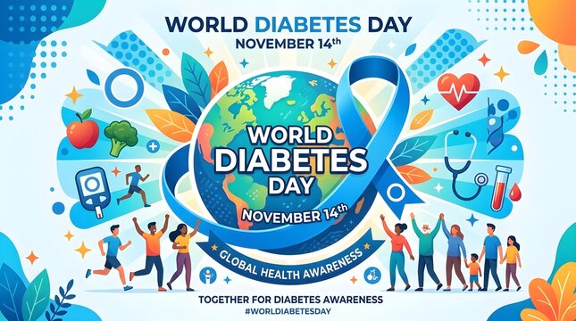 World diabetes day awareness illustration with people and globe on november 14th isolated on transparent background, Vector
