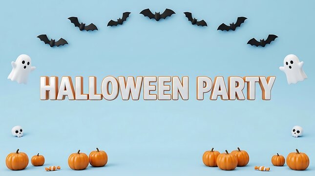 Halloween Party Decorations Featuring Pumpkins Ghosts And Bats On Light Blue Background