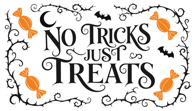 No tricks just treats halloween greeting typography design with candy and bat decorations halloween typography greeting celebration illustration invitation decorative lettering