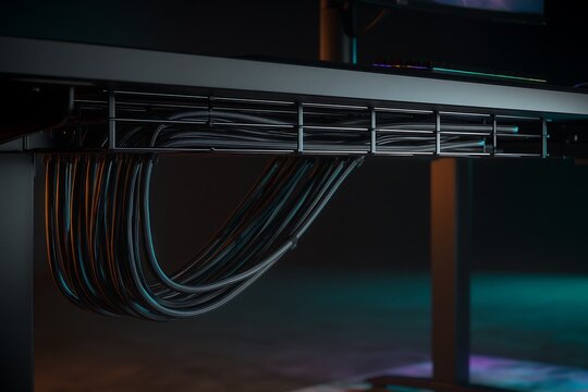 Gaming desk cable management view (under desk), cable trays, all cables organized, dark background, subtle RGB glow