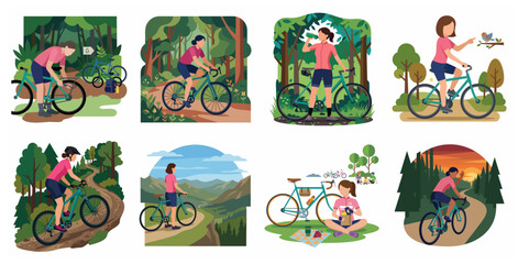 Fototapeta premium Set of vector illustrations depicting a woman cycling in nature, including mountain biking, trail riding, and bike maintenance in the forest.