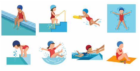 Vector illustrations of a little girl learning to swim, performing various activities like floating, jumping, and blowing bubbles in a swimming pool.