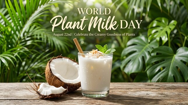 Glass of fresh coconut milk with bamboo straw for world plant milk day, beverage