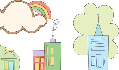 Fototapeta premium Cute Whimsical House Icon Set with Colorful Pastel Buildings Rainbow Cloud and Large Green Tree Clipart Vector Illustration for Children Storybook Designs