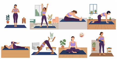 Fototapeta premium Set of women practicing yoga poses and stretching at home, wellness and mindfulness flat vector illustration.