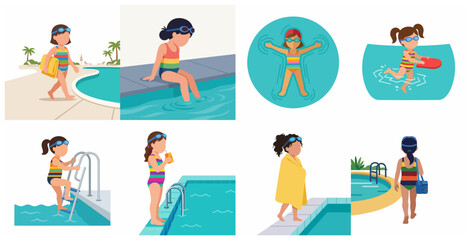 Little Girl Character Set Doing Various Activities at the Swimming Pool, Flat Vector Illustration