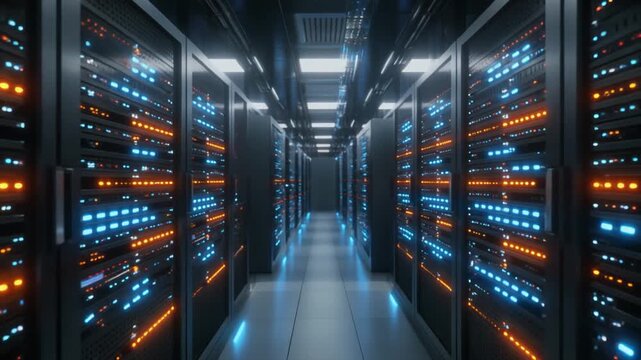 Modern server room data center with glowing blue and orange lights