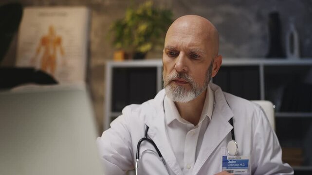 Focused male doctor works in his office, filling out medical forms and records