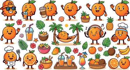 Obraz premium Cute orange character mascot bundle with summer tropical fruits, cartoon orange juice, chef, hammock, and vacation elements vector illustration set