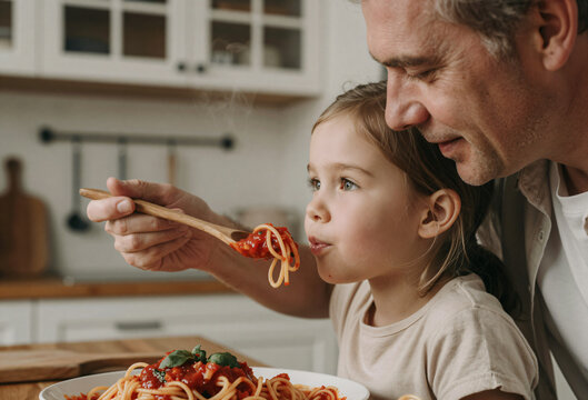 Grandfather Letting Little Granddaughter Taste Fresh Homemade Sauce with Spoon