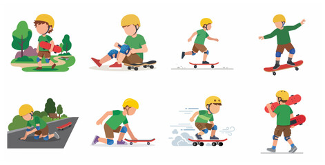 Fototapeta premium Flat Vector Illustration of a Boy Character Skateboarding Set Including Various Poses Like Riding, Falling, and Wearing Safety Gear