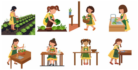 Fototapeta premium Set of illustrations showing a young girl harvesting, washing, preparing, and eating fresh vegetables, farm to table healthy lifestyle concept for kids.